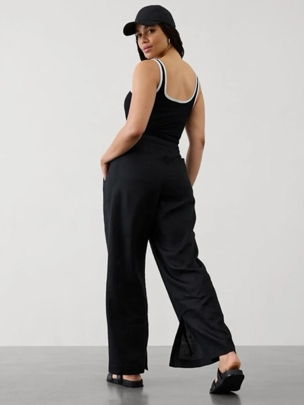 Athleta Retreat  Black Wide Leg Linen Drawstring Pants  Size Large